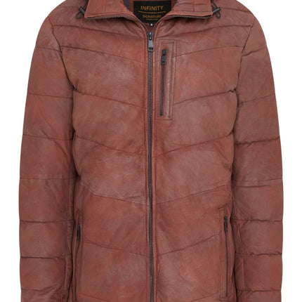 Men's Tan Brown Leather Quilted Jacket Hooded Puffer Winter Coat - Olyic