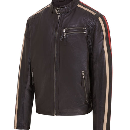 Mens Black Cafe Racer Striped Leather Jacket Vintage Biker Motorcycle Jacket