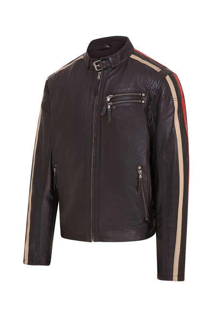 Mens Black Cafe Racer Striped Leather Jacket Vintage Biker Motorcycle Jacket