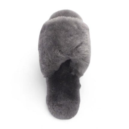 Women's Sheepskin Slippers Grey Warm Winter Fur Sliders - Nordic