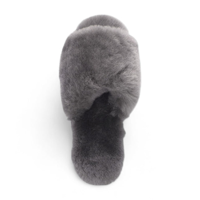 Women's Sheepskin Slippers Grey Warm Winter Fur Sliders - Nordic