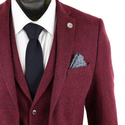 Mens 3 Piece Tweed Suit Wool Burgundy Black 1920s Authentic 1920s Blinders Suit Retro Classic