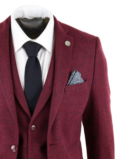 Mens 3 Piece Tweed Suit Wool Burgundy Black 1920s Authentic 1920s Blinders Suit Retro Classic