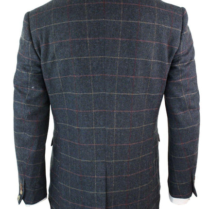 Mens 3 Piece Navy Blue Herringbone Check Vintage Suit