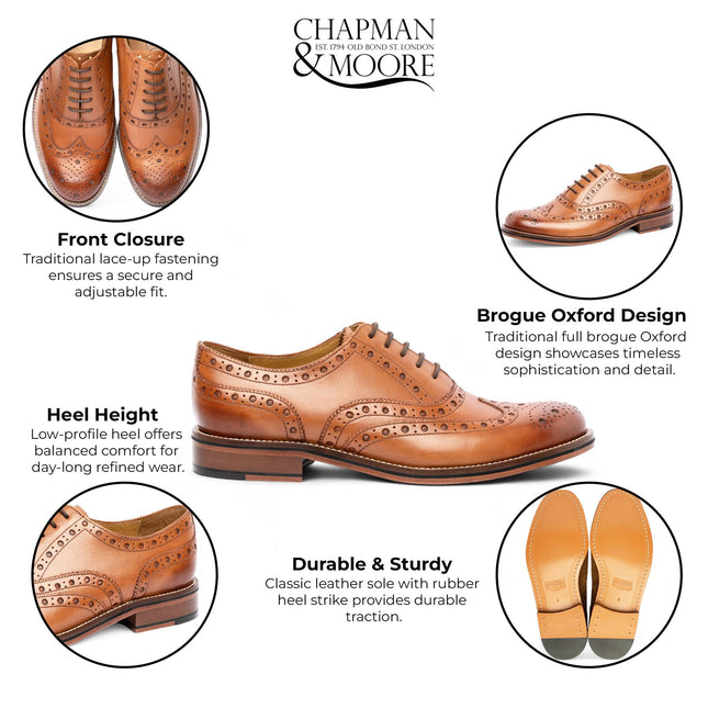 Chapman & Moore Men's Tan Brown Leather Wingtip Brogue Oxford Office Shoes