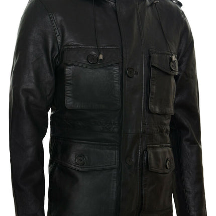 Mens Leather Hooded Trench Coat-Medellin
