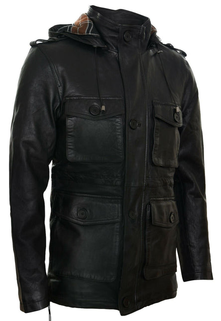 Mens Leather Hooded Trench Coat-Medellin