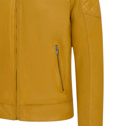 Mens Yellow Leather Quilted Shoulder Biker Jacket - Rock