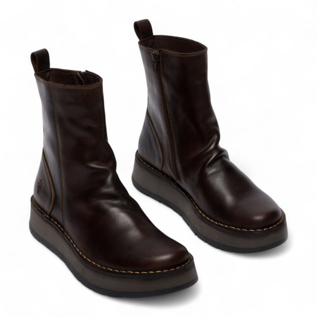Fly London Womens Dark Brown Reno053Fly Leather Zip Up Platform Comfort Ankle Boots