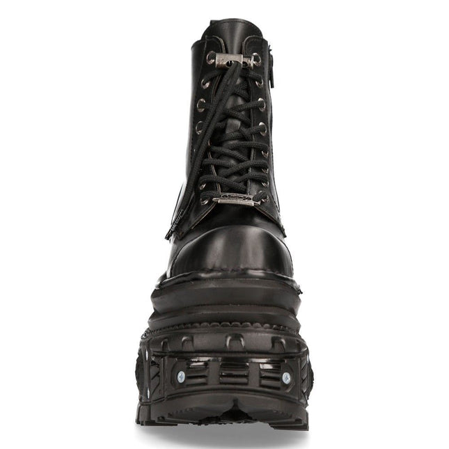 New Rock Metallic Black Leather Military Boots - M-MILI083CCT