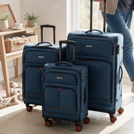 Soft Shell Blue Linen Suitcase Set 8 Wheel Lightweight Travel Luggage