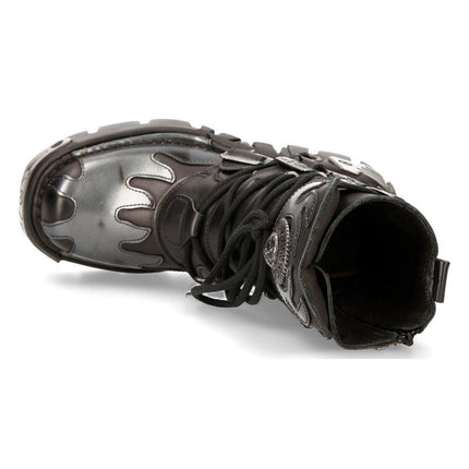 New Rock Flame Accented Black/Silver Leather Boots -591-S2