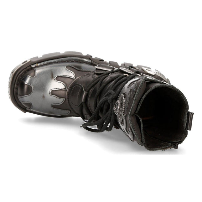 New Rock Flame Accented Black/Silver Leather Boots -591-S2