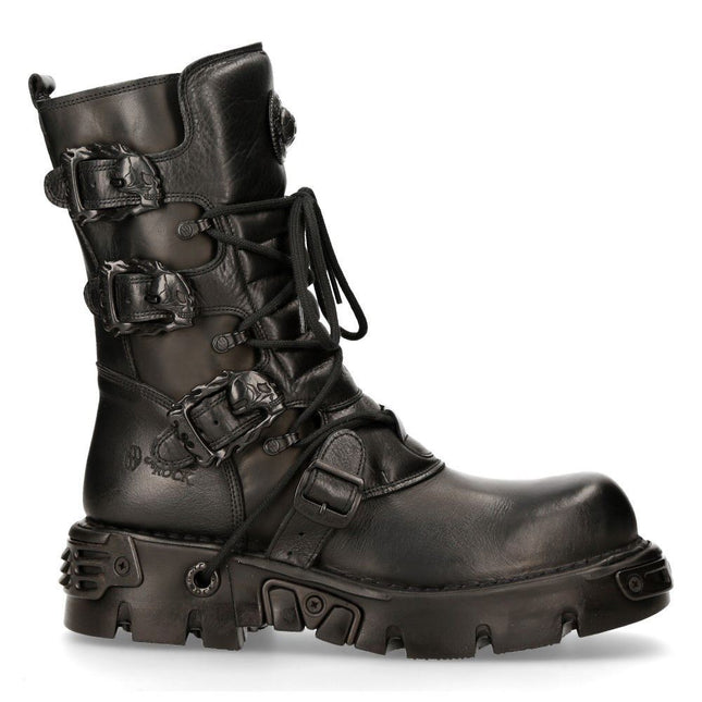 New Rock Black Leather Mid-Calf Boots-391 - S18