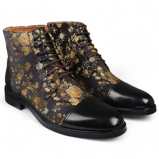 Justin Reess Men's Black Floral Print Leather Oxford Ankle Boots - Adam