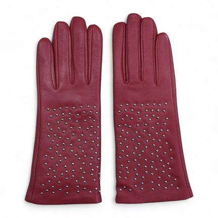 Womens Red Italian Leather Winter Studded Design Soft Wool Lining Gloves - L-GLV-601