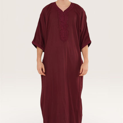 Men's Wine Red Moroccan Thobe Jubba Robe Eid Djellaba Gandoura - HM62