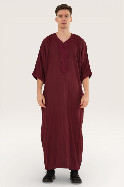 Men's Wine Red Moroccan Thobe Jubba Robe Eid Djellaba Gandoura - HM62