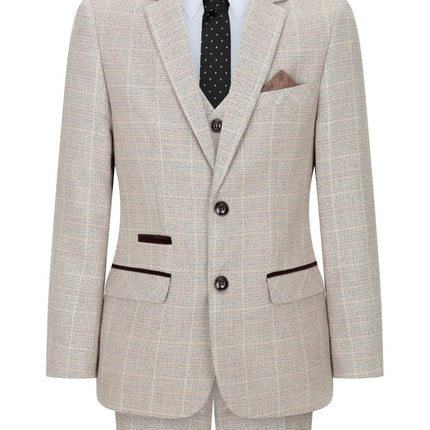 Boys 3 Piece Beige Tweed Check Vintage Retro Suit