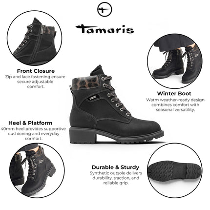 Tamaris Women’s Black Warm Lace-Up Winter Outdoor Ankle Boots - 26266-43