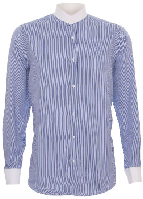 Mens Peaky Blinders Removable Collar Nehru Royal Blue Striped Collarless Shirt