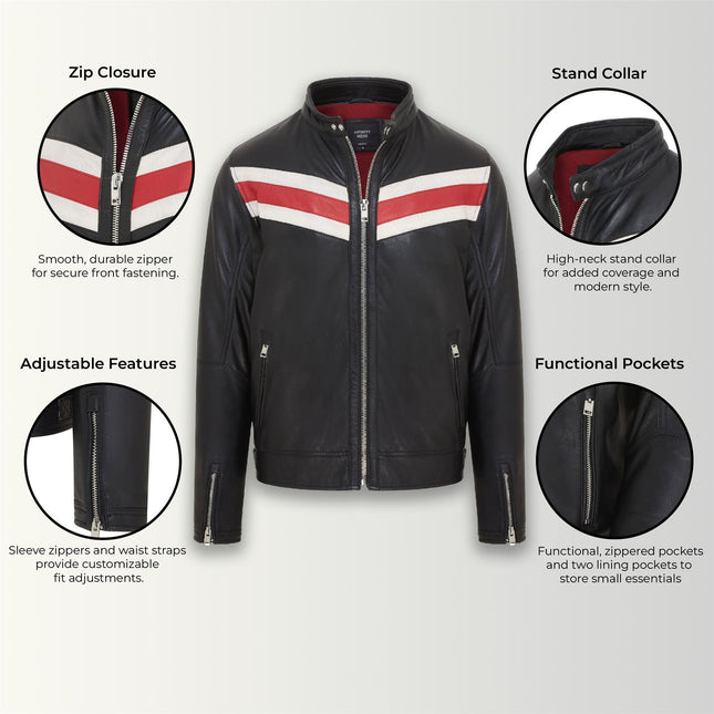 Men's Black Striped Café Racer Biker Leather Motorcycle Jacket