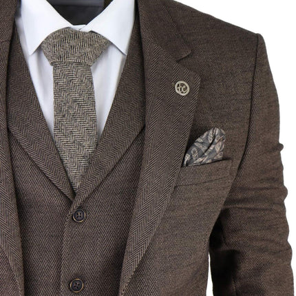 Mens Brown 3 Piece Tweed Herringbone Suit Peaky Blinders Classic Tailored