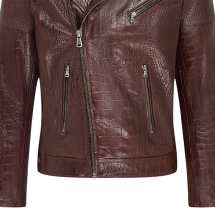 Mens Brown Cow Leather Alligator Print Embossed Biker Jacket - Rot