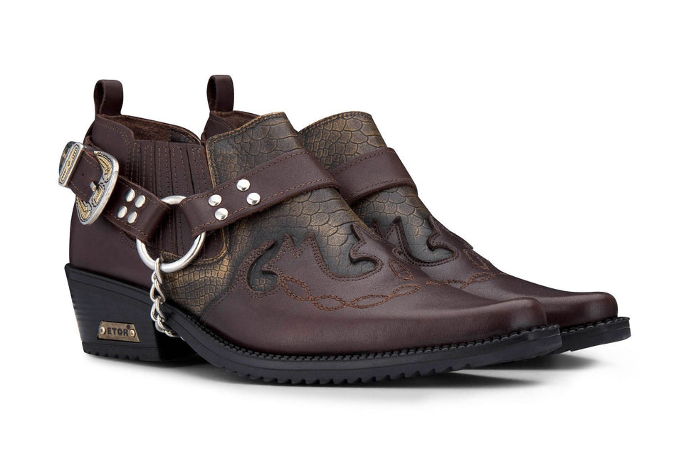 Men’S Brown Snakeskin Winklepicker Leather Biker Boots