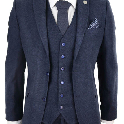 Mens 3 Piece Navy Blue Wool Tweed Vintage Retro Suit