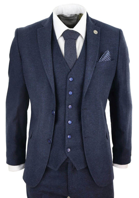 Mens 3 Piece Navy Blue Wool Tweed Vintage Retro Suit