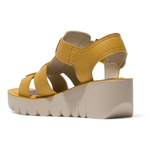 Fly London Women's Yudd236Fly Bumblebee Yellow Mousse Leather Wedge Sandals
