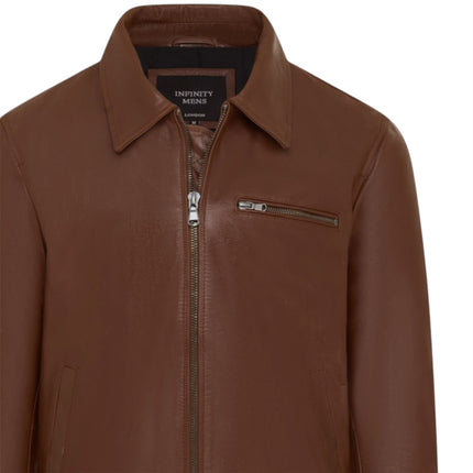 Mens Leather Tan Harrington Collar Biker Jacket - Arick