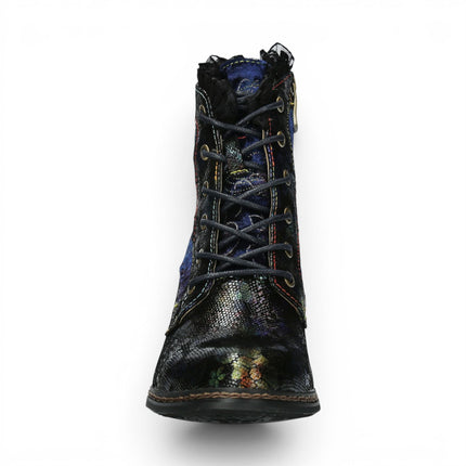 Laura Vita Women's Floral Goth Victorian Blue Leather Heeled Ankle Boots - Alcizeeo-190