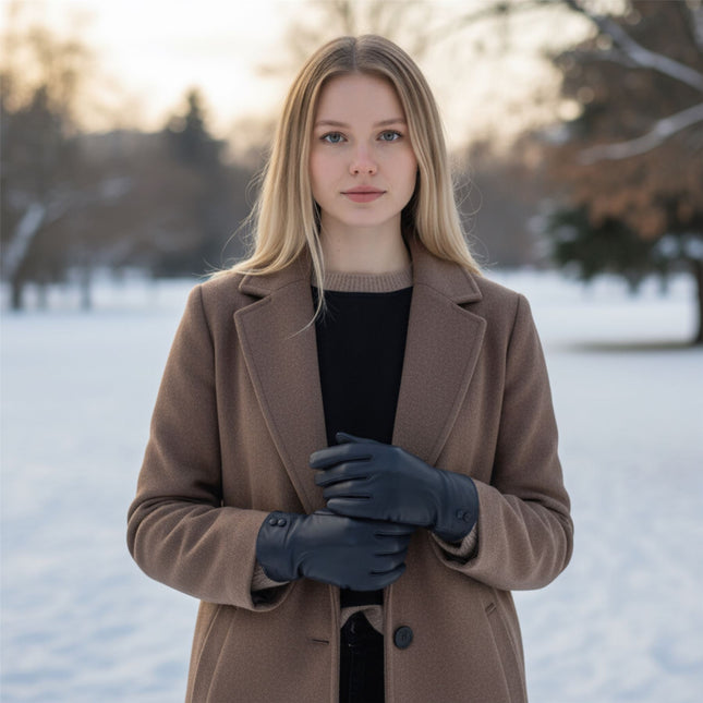 Womens Black Italian Leather Winter Button Design Soft Wool Lining Gloves - L-GLV-501