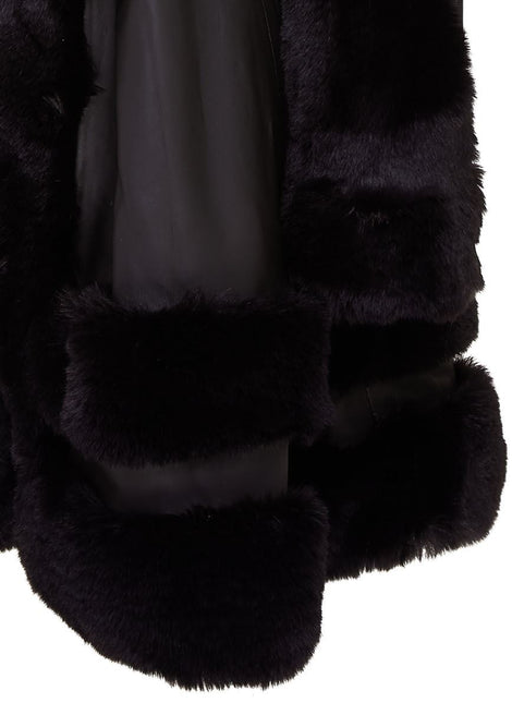 Womens Flared Black Luxury Leather Hooded Cape Coat With Fur