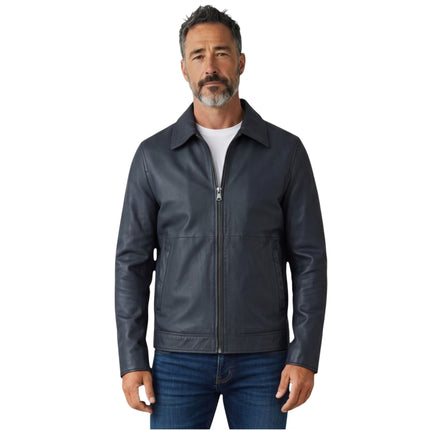 Mens Leather Blue Harrington Collar Biker Jacket - Alpha