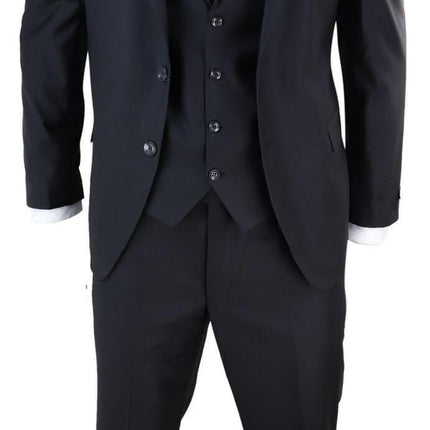 New Mens 3 Piece Suit Plain Black Classic Tailored Fit Smart Casual 1920s Formal