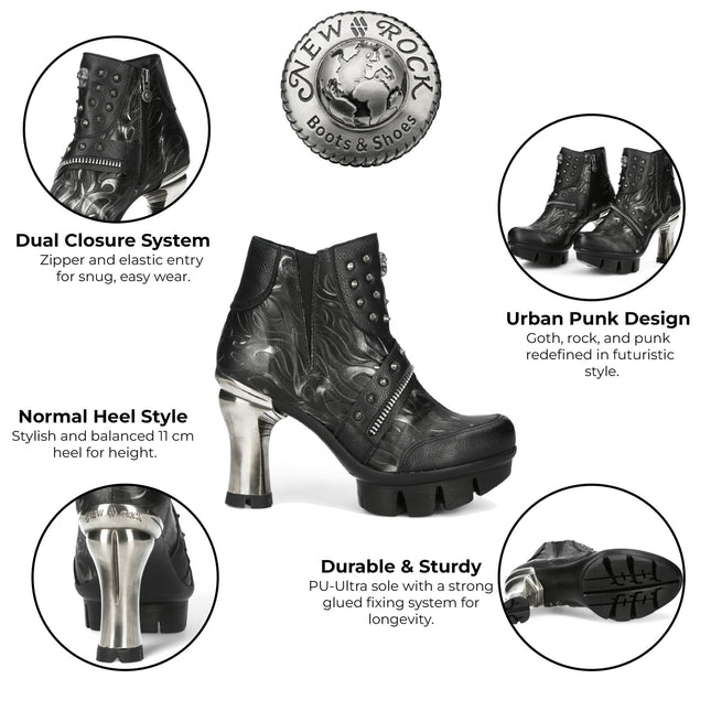 New Rock Womens Neopunk001-C19 Black Gothic Heeled Punk Leather Ankle Boots