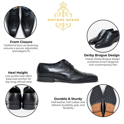 Antique Rogue Men’s Black Leather Oxford Derby Brogue - Luca
