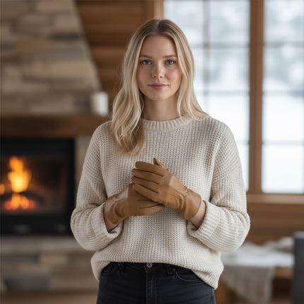 Womens Tan Brown Italian Leather Winter Stitch Line Design Soft Wool Lining Gloves - L-GLV-301