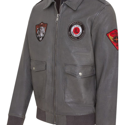 Men’s Grey Leather Bomber G-1 Aviator Collar Jacket  - Maverick