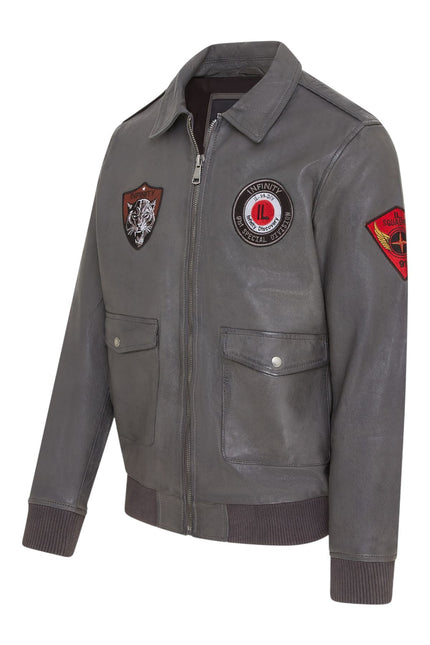 Men’s Grey Leather Bomber G-1 Aviator Collar Jacket  - Maverick