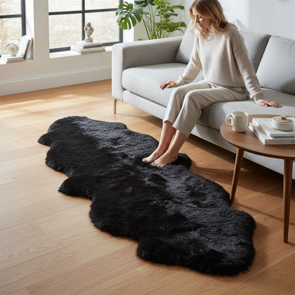 Genuine Sheepskin Black Double Natural Fluffy Silky Soft Real Wool Rug