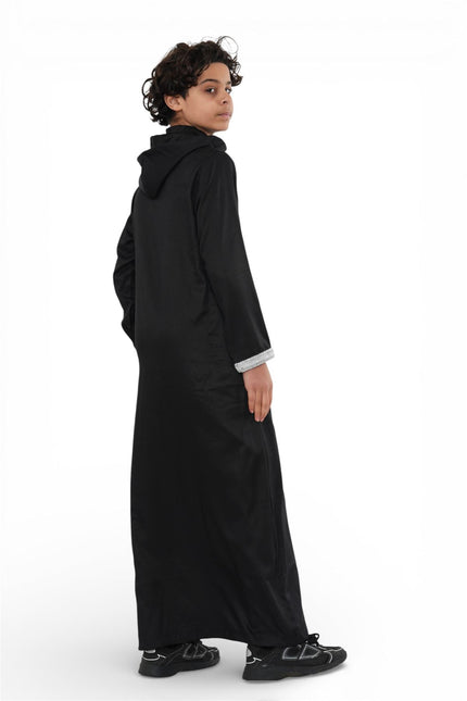 Kids Boys Black Eid Hooded Moroccan Thobe Robe Djellaba Ramadan Jubba- K-HM3