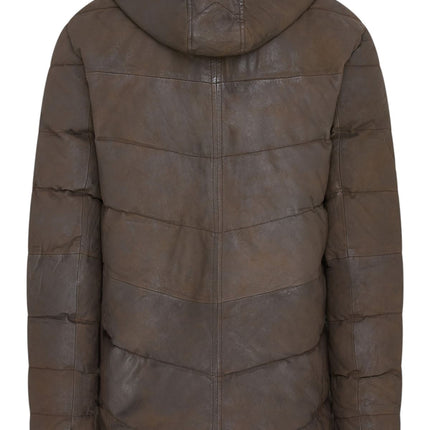 Men's Brown Leather Quilted Jacket Hooded Puffer Winter Coat - Olyic