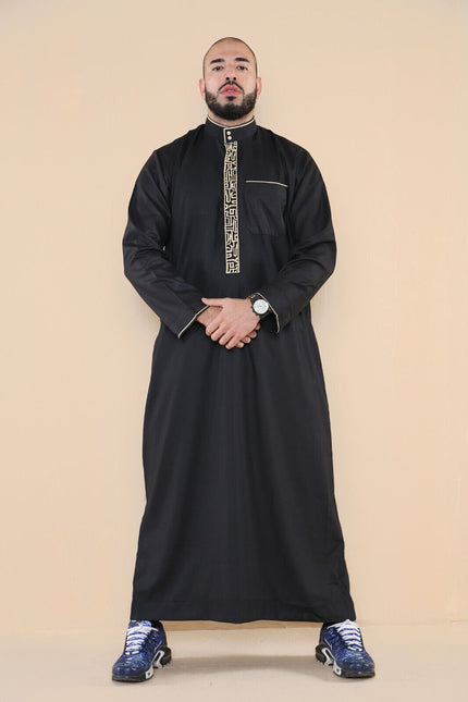 Mens Black Thobe Jubba Emirati Islamic Arabic Eid Embroidery Kaftan Jubbah Robe
