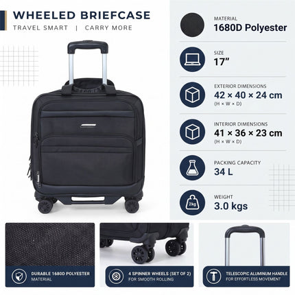 17" Black Wheeled Laptop Briefcase 1680D Polyester 4 Wheel Business Bag