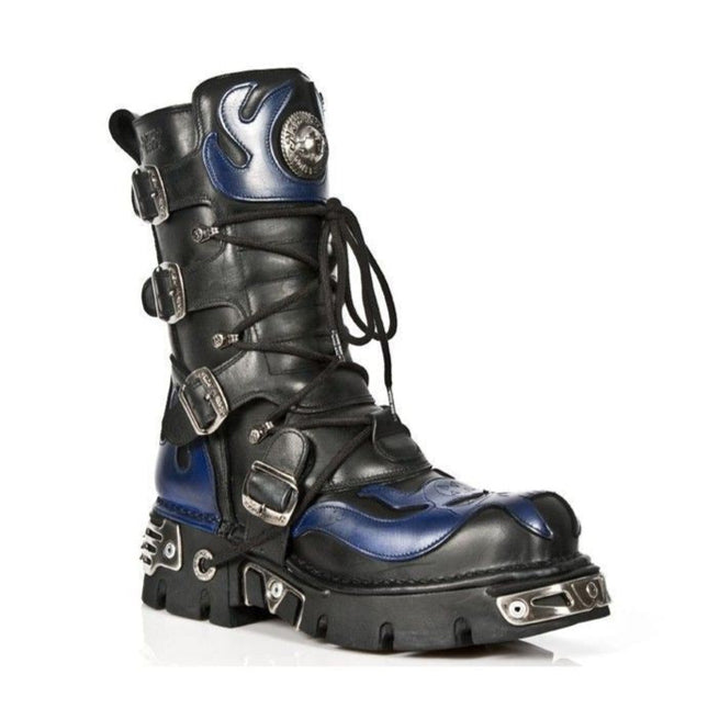 New Rock Unisex Black/Blue Leather Gothic Biker Skull Boots - 107-C5