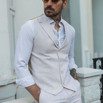 Men's Summer 2 Piece Suit Linen Formal Cream Beige Waistcoat Trousers